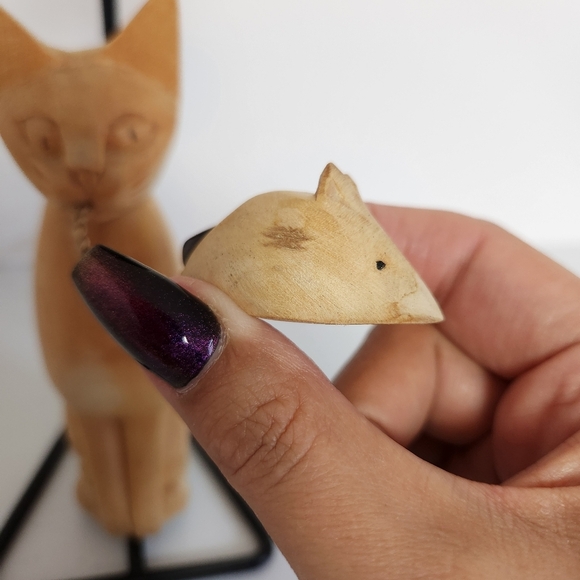 Rustic Wood Carved Wooden Cat Candle Holder Metal Stand Cats Eclectic Decor - Picture 3 of 7